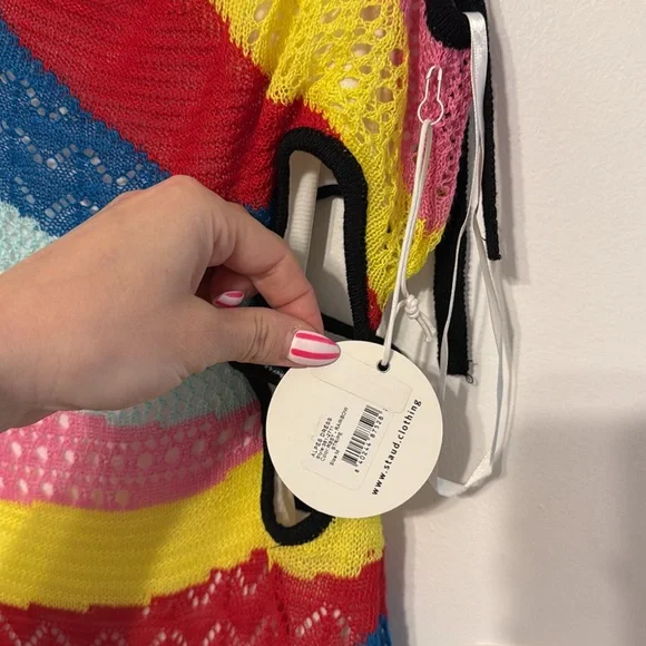 Staud Alpes One Shoulder Cutout Rainbow Crochet Knit Dress - Picture 4 of 10